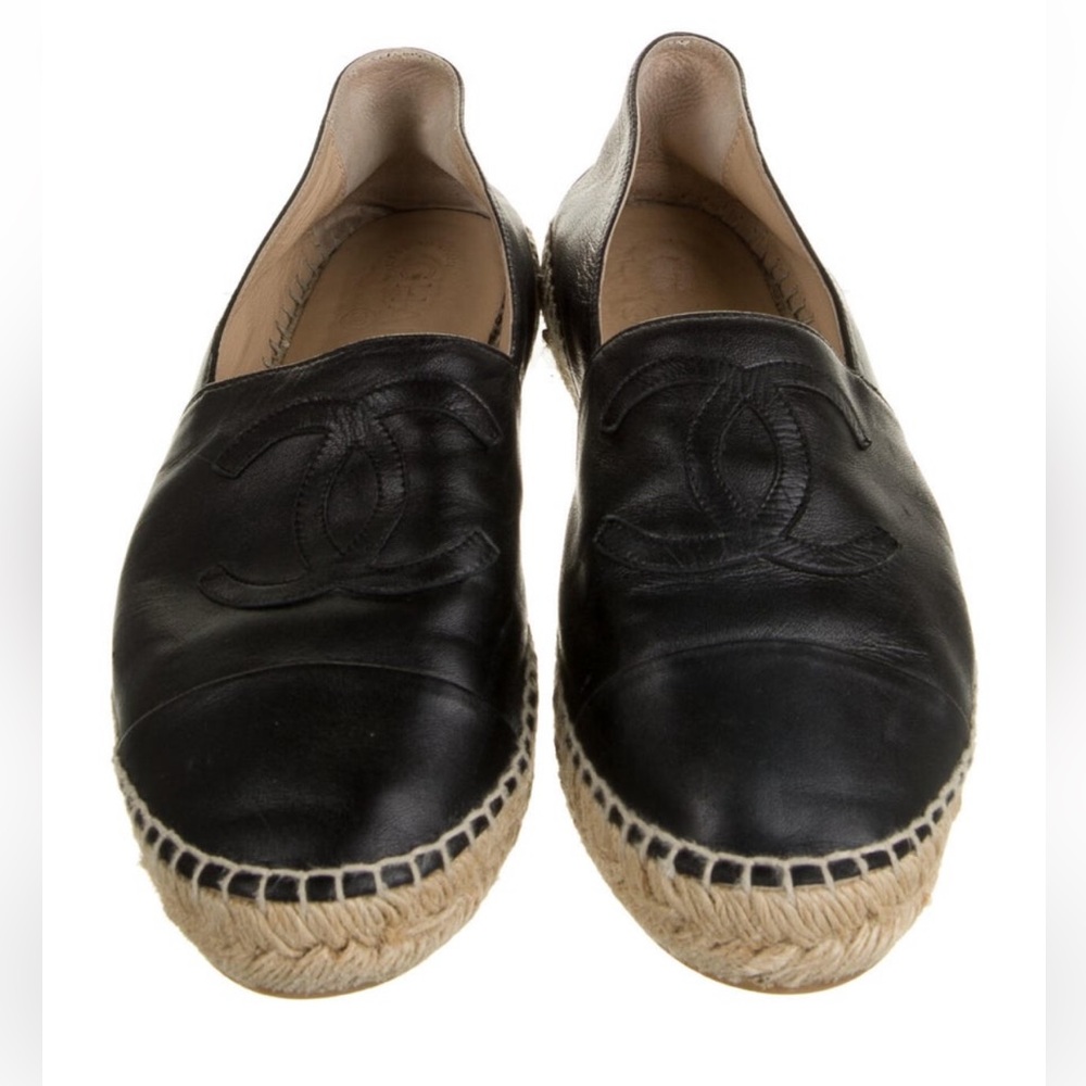 Chanel CC logo black lambskin leather espadrilles in great condition.